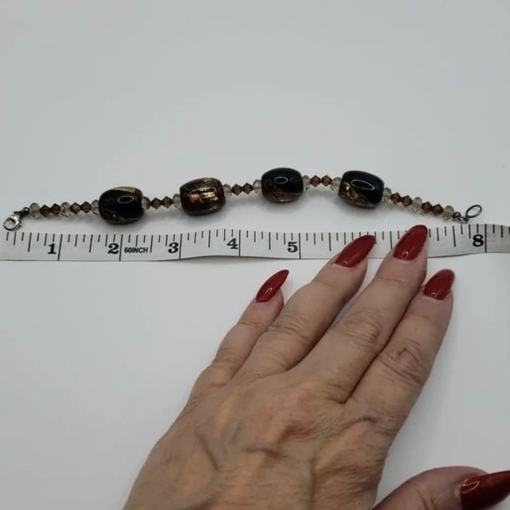 Elegant Glass Bead Bracelet Gold‎ Black Brown Crystal Accents Silver Clasp